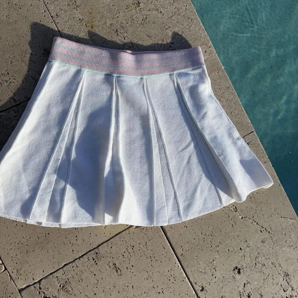 Loveshackfancy White Pleated Golf or Tennis Skirt Roz Pink Blue Stripes